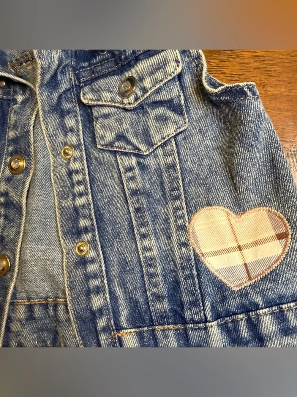 VTG Style Little Lass 24M Denim Vest Studded Acid Wash Plaid Heart Patch Boho